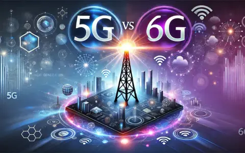 Porównanie 5G i 6G: futurystyczna wizja technologii sieciowych z wieżą transmisyjną w centrum.
