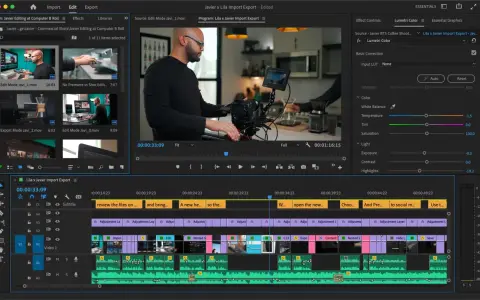 Edycja wideo w Adobe Premiere Pro: montażysta pracuje nad projektem, dodając klipy i efekty, w tym korekcję kolorów Lumetri Color.