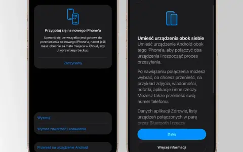 Przygotowanie do przeniesienia danych na nowego iPhone'a. Ekran z opcją "Przenieś na urządzenie Android" i instrukcjami, jak umieścić urządzenia obok siebie, by rozpocząć transfer. ios 26.3.