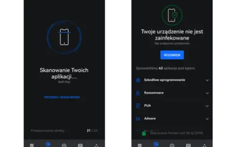 Skanowanie telefonu w poszukiwaniu wirusów zakończone. Aplikacja informuje, że urządzenie jest czyste. Dowiedz się, jak usunąć wirusa z telefonu, jeśli skanowanie wykryje zagrożenie.