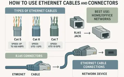 Ilustracja pokazuje różne typy kabli Ethernet (skrętka) Cat 5, 6, 7, złącza RJ45 i ich zastosowanie w sieciach domowych/biurowych.