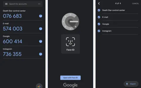 Aplikacja authenticator pokazuje kody do logowania: Death Star control center, E-mail, Google, Instagram.