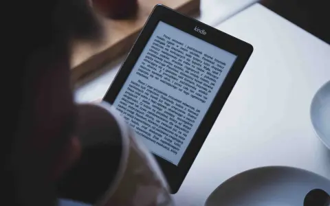 Osoba czyta książkę w formacie kindle. Na ekranie widoczny jest tekst powieści.
