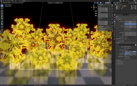 Wizualizacja wirusów w programie **blender program**. Żółte, krystaliczne obiekty wirusów unoszą się nad szachownicą.