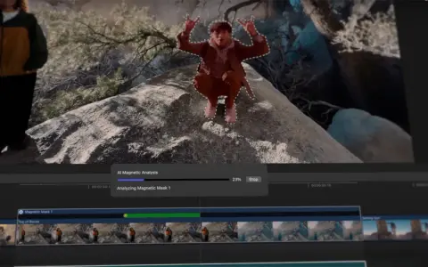 Edycja w Final Cut Pro: analiza maski AI dla postaci na skale.