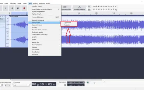 Audacity po polsku: menu "Efekt" z opcjami "Zgłośnienie" i "Ściszenie" na fali dźwiękowej.