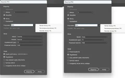 Ustawienia eksportu pliku png: jakość średnia, rozdzielczość 72 ppi, przestrzeń kolorów RGB. Opcje obejmują wygładzanie.