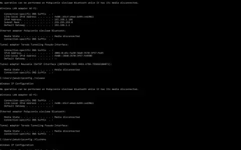 Wyniki polecenia ipconfig pokazują konfigurację sieciową, w tym adresy IP i bramy domyślne dla adaptera Wi-Fi.