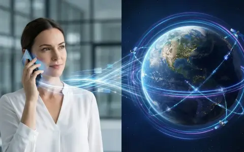 Kobieta rozmawia przez telefon, a dane płyną do satelitów krążących wokół Ziemi, symbolizując globalną łączność i **VoLTE**.