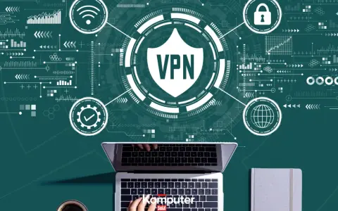 Grafika przedstawia laptopa z widokiem na klawiaturę, na tle schematów sieciowych i symboli VPN. To jak cyfrowy świat, gdzie hamachi zapewnia bezpieczne połączenie.