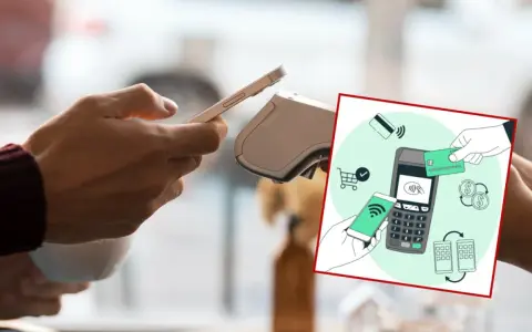 Płatność zbliżeniowa telefonem. Dwie dłonie zbliżają smartfony do terminala płatniczego, pokazując wygodę i szybkość transakcji.