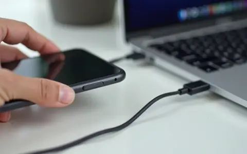 Dłoń trzyma telefon, który jest podłączony kablem USB do laptopa. Prosty sposób, jak połączyć telefon z laptopem.