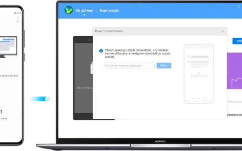 Połączenie telefonu z komputerem przez HiSuite. Na ekranie telefonu widoczny kod 72863251.