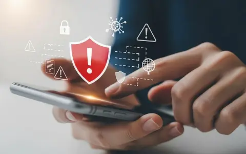 Dłonie trzymające smartfon, nad którym wyświetlają się ikony symbolizujące bezpieczeństwo i zagrożenia. Skuteczny antywirus na telefon chroni przed wirusami i atakami.