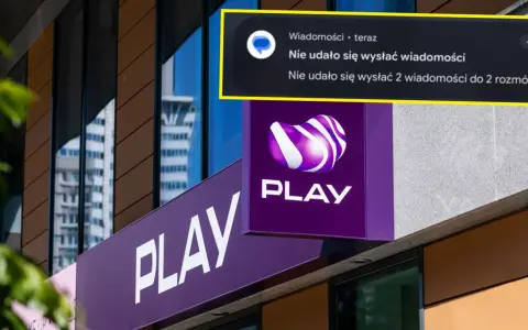 Awaria internetu Play. Komunikat o błędzie wysyłania wiadomości na tle logo operatora.