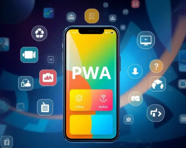 Telefon z napisem PWA, otoczony ikonami symbolizującymi różne funkcje aplikacji webowych.