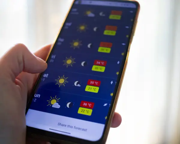 Dłoń trzyma smartfon z otwartą aplikacją pogoda, pokazującą prognozę z wysokimi temperaturami.
