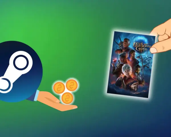 Ręka trzyma okładkę gry Baldur's Gate, a obok logo Steam i monety symbolizujące zwrot gry.