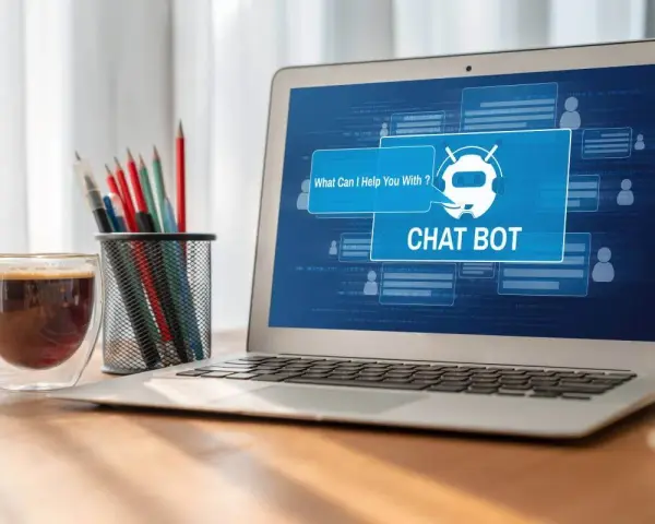 Na ekranie laptopa widać interfejs chatbota, który oferuje pomoc. Obok stoi szklanka kawy i pojemnik z przyborami do pisania.