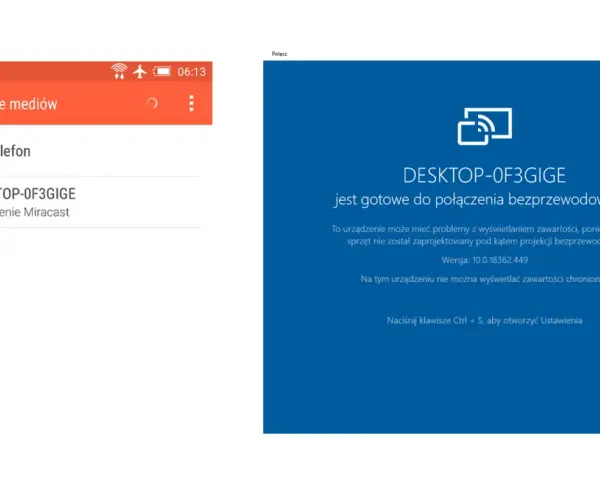 Udostępnianie ekranu: Dostępne urządzenie "DESKTOP-0F3GIGE" gotowe do połączenia bezprzewodowego.