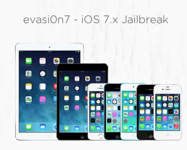 evasi0n7 - iOS 7.x Jailbreak od evad3rs. Grupa urządzeń Apple z ikonami iOS, gotowa do jailbreak.