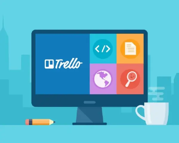 Komputer z logo Trello i ikonami: kod, dokument, świat, lupa. Idealne narzędzie do organizacji pracy, czyli trello co to.