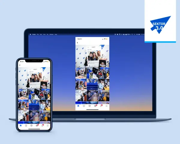 Pokaz zdjęć z wydarzenia na ekranie laptopa i telefonu, dzięki technologii miracast. Logo "Sektor 3.0" obok.