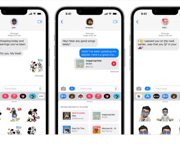 Trzy ekrany iPhone'a pokazują rozmowy w iMessage: zakupy, muzyka i spotkanie na drodze.