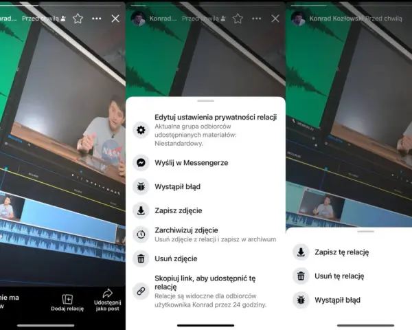 Chcesz wiedzieć, jak usunąć relacje z FB? Na ekranie widzisz opcje edycji prywatności relacji, w tym "Usuń zdjęcie" i "Usuń tę relację".