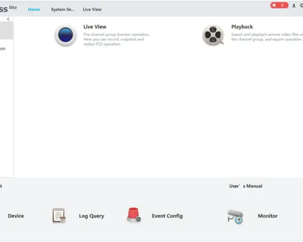 Interfejs SmartPSS lite z opcjami Monitor, Live View, Playback, Device, Log Query, Event Config i Monitor.