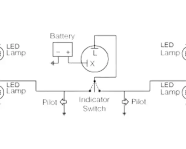 Schemat elektryczny z akumulatorem, przerywaczem, lampkami LED i wskaźnikami.