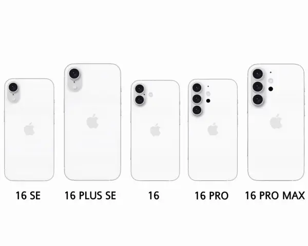 Porównanie modeli iPhone 16 SE, 16 Plus SE, 16, 16 Pro i 16 Pro Max. Różnice w wymiarach i układzie aparatów.