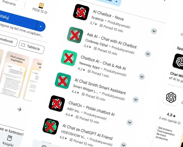 Szukaj aplikacji ChatGPT w sklepie. Widzisz oficjalną aplikację OpenAI i inne podobne.