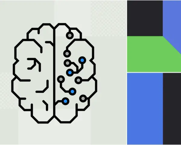 Grafika przedstawia schemat mózgu z elementami obwodów drukowanych, symbolizujący sztuczną inteligencję i test Turinga.