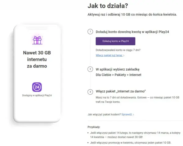 Grafika telefonu z napisem "Nawet 30 GB internetu za darmo" i ikoną Play24.