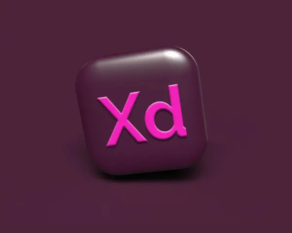 Ikona Adobe XD w kolorze fuksji na ciemnofioletowym tle.