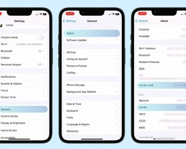 Jak odblokować iPhone? Zobacz, jak sprawdzić blokadę karty SIM w ustawieniach telefonu, przechodząc przez "Ogólne" do "Informacje" i "Blokada karty SIM".