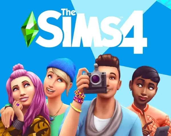 Grafika z logo The Sims 4 i czterema Simami, jeden z nich robi zdjęcie aparatem.