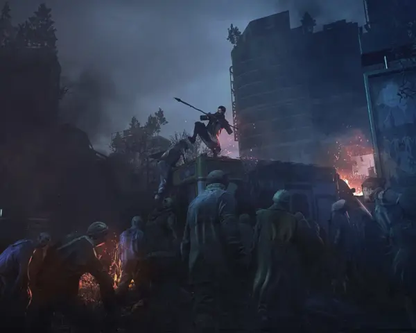 Postapokaliptyczna scena z hordą zombie i walczącym człowiekiem na dachu autobusu.
