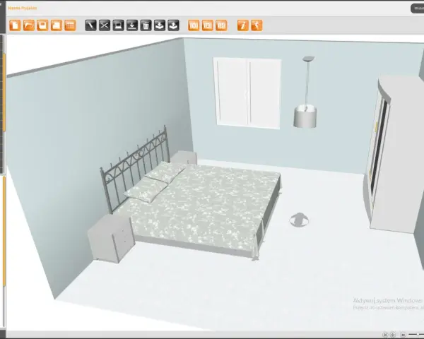 Program do projektowania wnętrz w widoku 3D. Widok sypialni z łóżkiem, szafą i oknem. Możliwość wyboru elementów wyposażenia.