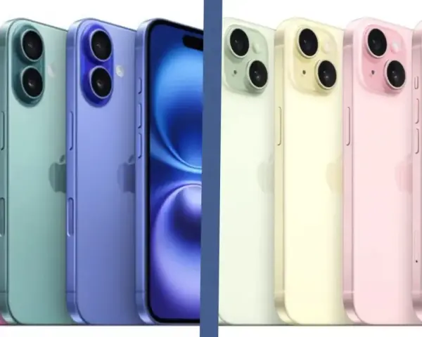 Rząd kolorowych iPhone'ów, od różowego po niebieski, obok innych modeli w pastelowych barwach. Czy to iPhone 15 czy 16?
