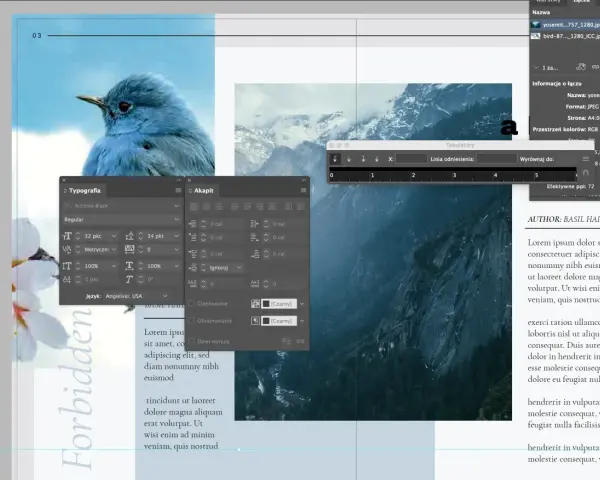 Panel "Typografia" w programie Adobe InDesign, z widocznym ptakiem i górami.