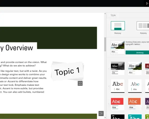 Panel stylów w Sway pozwala na dostosowanie wyglądu prezentacji. Można wybrać układ pionowy, poziomy lub slajdy, a także zmienić typografię i kolory, aby nadać prezentacji unikalny **sway**.