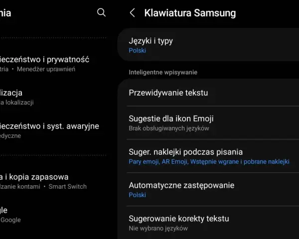 Ustawienia klawiatury Samsung: jak wyłączyć autokorektę? Widok opcji "Sugerowanie korekty tekstu" i "Przewidywanie tekstu".