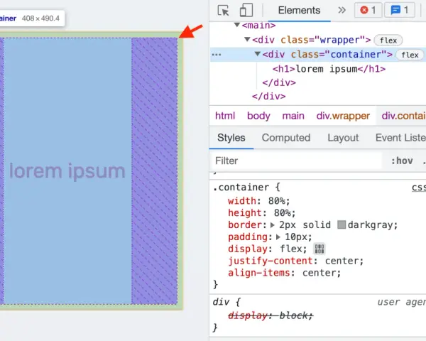 Centrowanie tekstu "lorem ipsum" w kontenerze z użyciem Flexbox w narzędziach deweloperskich.
