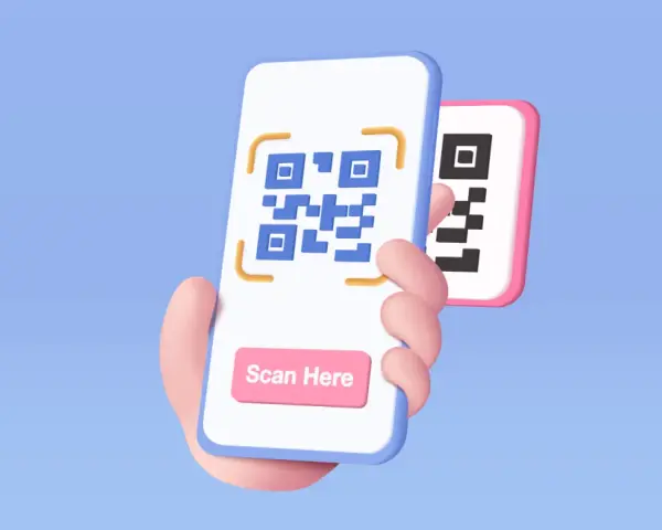 Dłoń trzyma smartfon z kodem QR i przyciskiem "Scan Here". Dowiedz się, jak zeskanować kod QR ze zdjęcia.