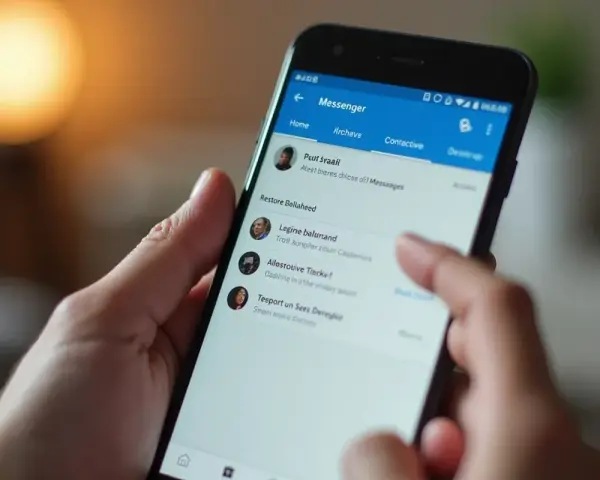 Palec dotyka ekranu telefonu z aplikacją Messenger, szukając sposobu, jak odzyskać usunięte wiadomości.