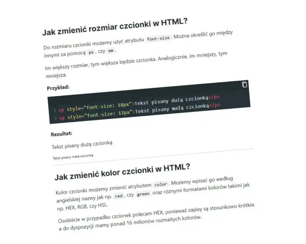 Jak zmienić czcionkę HTML? Przykład kodu pokazuje, jak ustawić rozmiar tekstu na 18px i 12px.