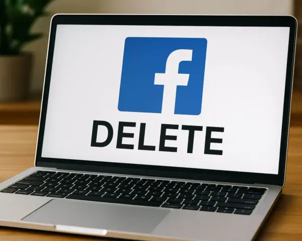 Laptop z logo Facebook i napisem DELETE. Poradnik jak usunąć konto na FB.