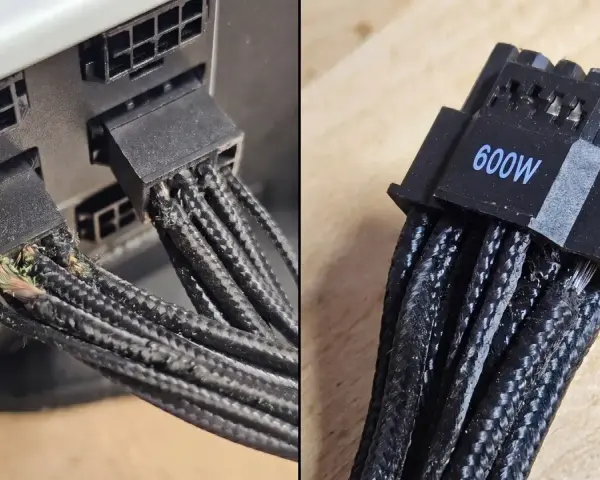 Uszkodzony kabel 12VHPWR 600W PCIe. Widoczne stopione złącze i przetarte przewody.